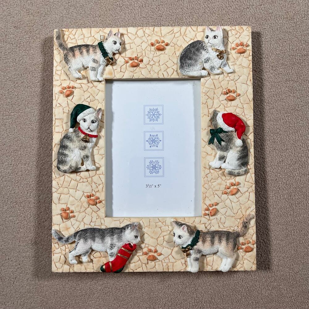 Vintage 90s Ceramic Christmas Cat Kitty Picture Frame 3 1/2" by 5" Velvet Back
